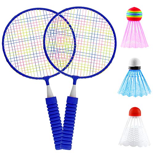 NSEN 1 Pair Badminton Rackets for Kids, Lightweight Badminton Racquets Set for Children, Badminton Racket Set of 2, Suitable for Beginner Kids Outdoor Indoor Sport Games, with 3 Shuttlecocks (Blue)