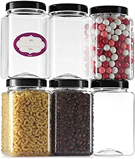 Clear Empty Plastic Storage containers with Lids - Square Plastic Containers - Plastic Jars with Lids and Labels  BPA Free Plastic Jar - Food Grade Air Tight  Pantry Canisters (6 Pack 36 Oz)