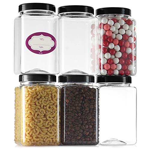 Clear Empty Plastic Storage containers with Lids - Square Plastic Containers - Plastic Jars with Lids and Labels  BPA Free Plastic Jar - Food Grade Air Tight  Pantry Canisters (6 Pack 36 Oz)