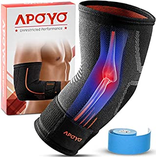 Elbow Compression Sleeve for Tendonitis, Tennis Elbow Brace, Golf Elbow, Weightlifting, & More, with Adjustable Strap & Bonus Elastic Therapeutic Tape, for Workouts(Large)