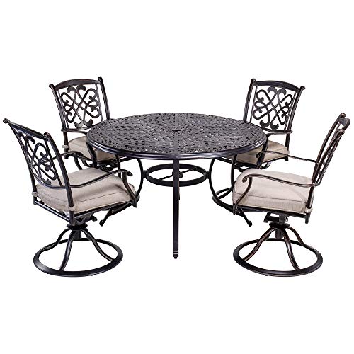 dali 5 Piece Outdoor Dining Set Patio Furniture, Deep Cushioned Aluminum Swivel Rocker Chair Set with 48 inch Round Alum Casting Table