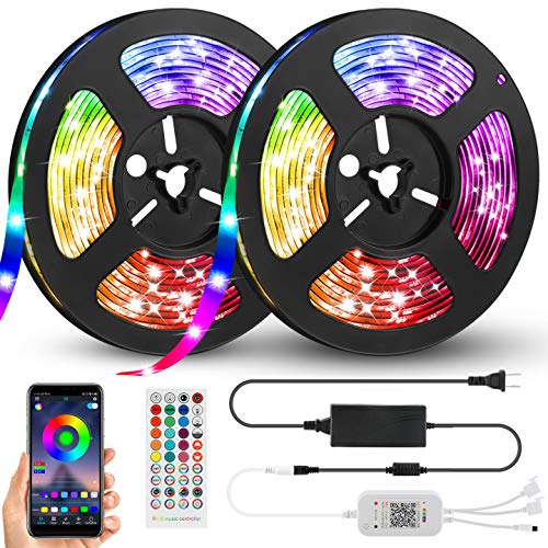 LED Strip Lights, YNN 32.8ft RGB 300 LEDs SMD5050 Flexible Tape Light, IP65 Waterproof Music Sync Color Changing Rope Lights, IR Remote and Bluetooth APP Control for Home Party Decoration