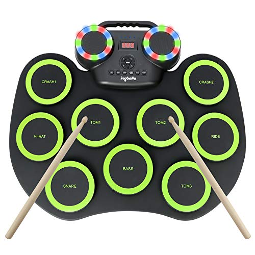 Electronic Drum Kit 9 Pads Roll-up Practice Drum Set With Colorful Lights for 8h Playing With Built-in Speaker, Headphone, USB MIDI Jack for Kids, Teens, and Adults Beginner, Best Birthday Gift