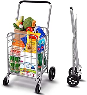 TOOCA Grocery Utility Flat Folding Shopping Cart with 360° Rolling Swivel Wheels Heavy Duty & Light Weight Foldable Utility Trolley Cart for Groceries