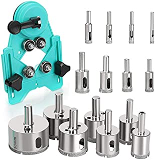 Hole Saw Set,15Pcs Diamond Drill Bits with Hole Saw Guide Jig Fixture,Coated Core Drill Bits, Adjustable Hole Saw Centering Locator Suction Holder for Glass,Ceramics,Tile 6-50mm