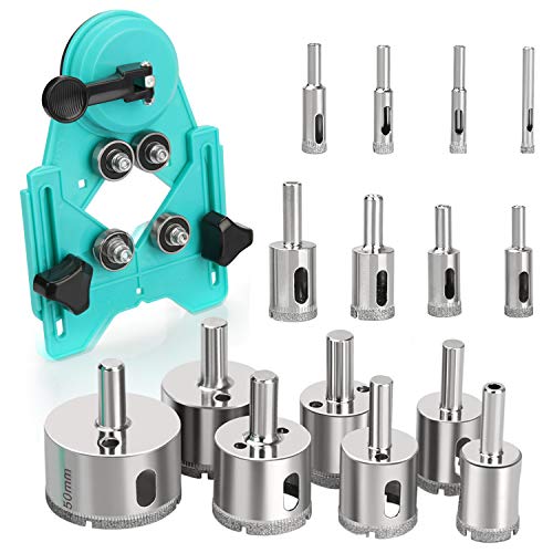 Hole Saw Set,15Pcs Diamond Drill Bits with Hole Saw Guide Jig Fixture,Coated Core Drill Bits, Adjustable Hole Saw Centering Locator Suction Holder for Glass,Ceramics,Tile 6-50mm