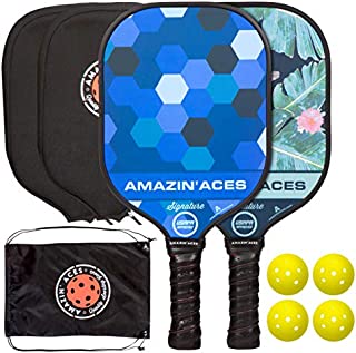 Amazin' Aces Pickleball Paddles - USAPA Approved Signature Series, Pickleball Paddle Set of 2 Pickleball Racquet, 4 Pickleballs, 2 Paddle Covers, Carry Bag, Graphite Face, Honeycomb Core, Blue & Green