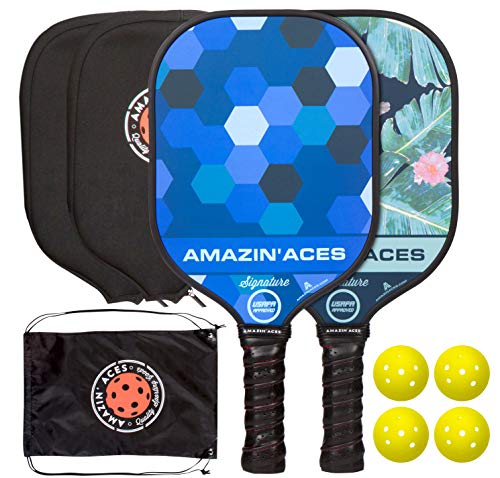 Amazin' Aces Pickleball Paddles - USAPA Approved Signature Series, Pickleball Paddle Set of 2 Pickleball Racquet, 4 Pickleballs, 2 Paddle Covers, Carry Bag, Graphite Face, Honeycomb Core, Blue & Green