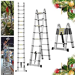 Bowoshen 16.5FT Extension Telescopic A-Frame Ladder 16 Feet Multi-Purpose Aluminum Portable Ladder 330lb Loading EN131 Certified