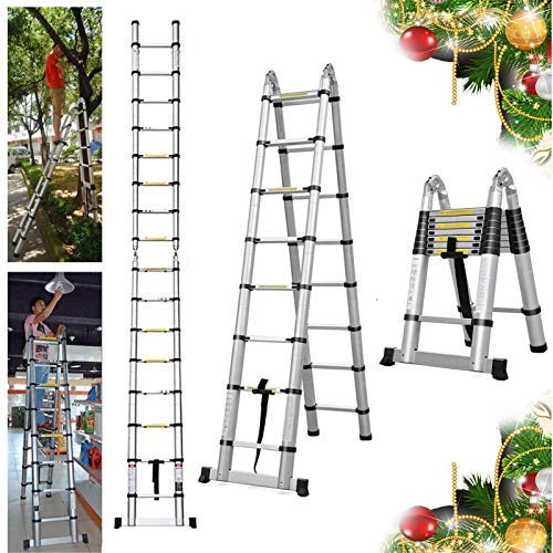 Bowoshen 16.5FT Extension Telescopic A-Frame Ladder 16 Feet Multi-Purpose Aluminum Portable Ladder 330lb Loading EN131 Certified