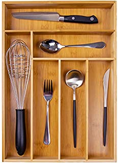 Kitchen Wood Utensil Tray Drawer Organizer, Bamboo Silverware Tray for Drawer 12.2X17'' Cutlery Organizer, Flatware Holder,Office Storage Organizers,Knife Makeup Desk Drawer Dividers Insert