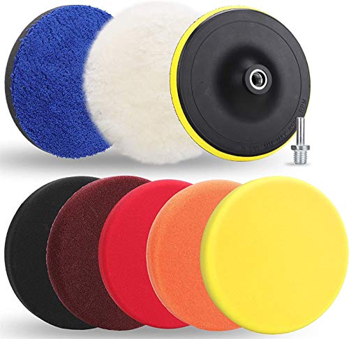 Benavvy 9Pcs Buffing Pads Kit, 7 Inches Large Size Buffing Pads, Car Foam Buffing Sponge and Wool Pads Kit with M14 Drill Adapter for Car Care Polisher Boat Waxing Polishing Sealing Glaze