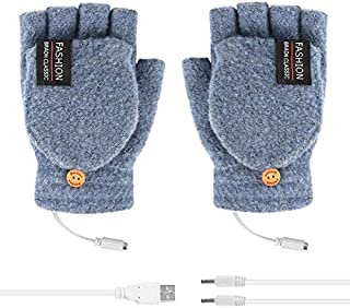 Unisex Women Men USB Heated Gloves Electric Heating Gloves Mitten Winter Warmer Rechargeable Laptop Gloves for Computer Typing Arthritis Hand, Knitting Full& Half Fingerless, Washable (Light Blue)