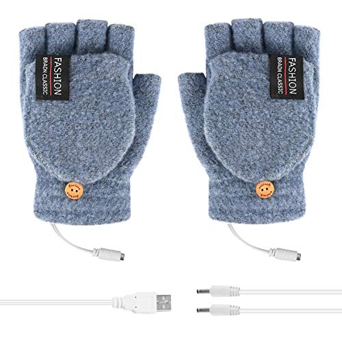 Unisex Women Men USB Heated Gloves Electric Heating Gloves Mitten Winter Warmer Rechargeable Laptop Gloves for Computer Typing Arthritis Hand, Knitting Full& Half Fingerless, Washable (Light Blue)