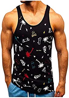 Men Fashion Hawaiian Beach Sports Print O-Neck Sleeveless T Shirt Tops Black