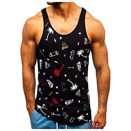 Men Fashion Hawaiian Beach Sports Print O-Neck Sleeveless T Shirt Tops Black