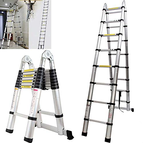 16.5FT Telescoping Ladder Extension A-Frame Ladder Portable Folding Ladder Aluminum Lightweight Climb Ladder 330lbs Capacity EN131 Certificated, Non-Slip Steps 2.5M+2.5M A-Type 5M Straight Ladder