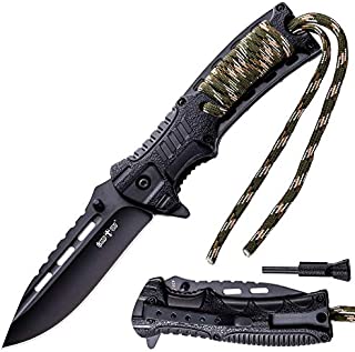 Pocket Knife - Tactical Folding Knife - Spring Assisted Knife with Fire Starter Paracord Handle - Best EDC Survival Hiking Hunting Camping Knife - Knife with Firestarter and Whistle Grand Way 6772