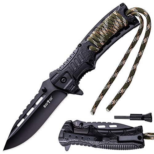 Pocket Knife - Tactical Folding Knife - Spring Assisted Knife with Fire Starter Paracord Handle - Best EDC Survival Hiking Hunting Camping Knife - Knife with Firestarter and Whistle Grand Way 6772