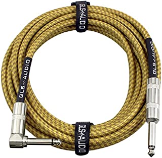 GLS Audio 20 Foot Guitar Instrument Cable - Right Angle 1/4 Inch TS to Straight 1/4 Inch TS 20 FT Brown Yellow Tweed Cloth Jacket - 20 Feet Pro Cord 20' Phono 6.3mm - Single