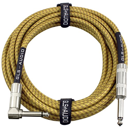 GLS Audio 20 Foot Guitar Instrument Cable - Right Angle 1/4 Inch TS to Straight 1/4 Inch TS 20 FT Brown Yellow Tweed Cloth Jacket - 20 Feet Pro Cord 20' Phono 6.3mm - Single