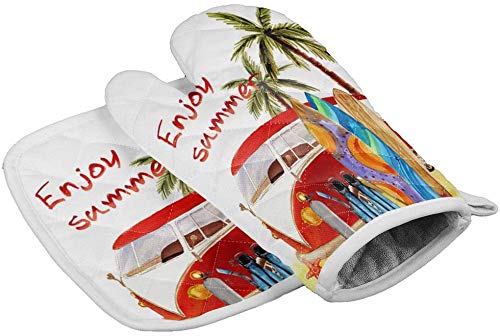 Enjoy Summer Oven Gloves Heat Resistant Hot Pads with Polyester Non-Slip BBQ Gloves for Kitchen,Cooking,Baking,Grilling,Minibus Surfboard Diving Tropical Palm Leaf