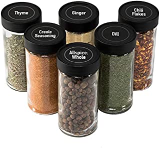 AllSpice 4 Ounce Glass Spice Jars (Same Size as Penzeys and Spice House) with Black Plastic Lids and 3 Styles of Shaker Tops- 6 Pack