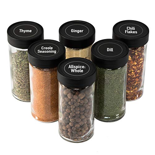 AllSpice 4 Ounce Glass Spice Jars (Same Size as Penzeys and Spice House) with Black Plastic Lids and 3 Styles of Shaker Tops- 6 Pack