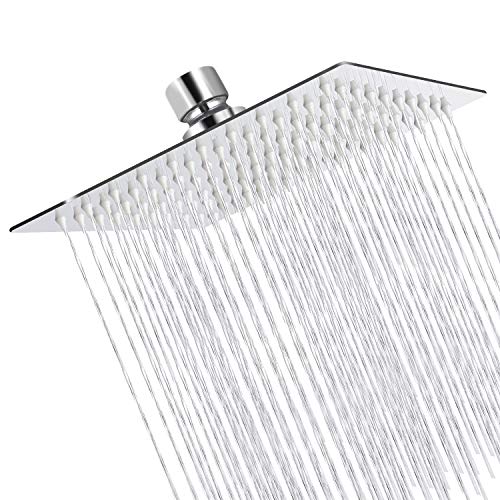 Sooreally Rain Shower Head High Pressure, 8 Inch Stainless Steel Square Rainfall Showerhead, Mirror-like, Easy Install, Swivel Spray Angle, Voluptuous Shower Experience, Chrome Finish