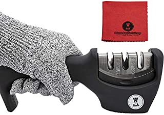 Knife Sharpeners for Steel and Ceramic Kitchen Knives - Manual Handheld System to Safely Sharpen and Hone your Knife - Includes Cut Resistant Glove and Blade Cloth