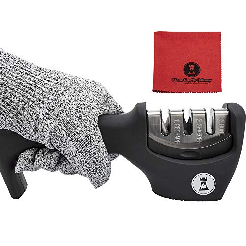 Knife Sharpeners for Steel and Ceramic Kitchen Knives - Manual Handheld System to Safely Sharpen and Hone your Knife - Includes Cut Resistant Glove and Blade Cloth