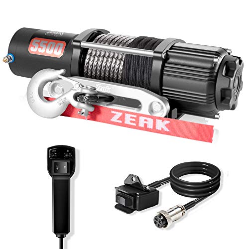 ZEAK 5500lb Powersports Winch, Synthetic Rope Winch, Mounting Plate, Handlebar Switch, for ATV UTV Offroading