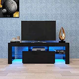 Black TV Stand with LED RGB Lights,Flat Screen TV Cabinet, Gaming Consoles - in Lounge Room, Living Room and Bedroom(Black)