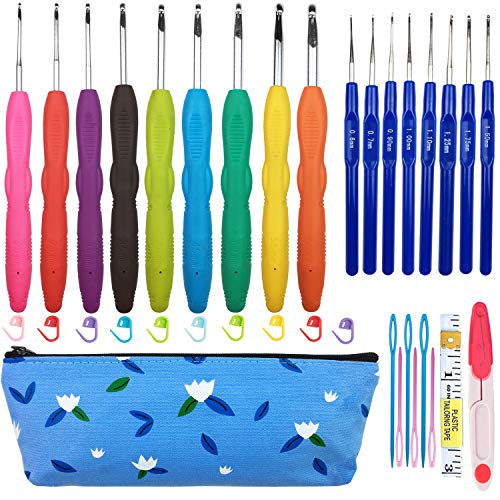 Newest Crochet Hooks Set with Case,Extra Long Crochet Hooks Needles for Arthritic Hands Ergonomic Handles Rubber Soft Grip,Size 0.6mm-6.0mm(J)