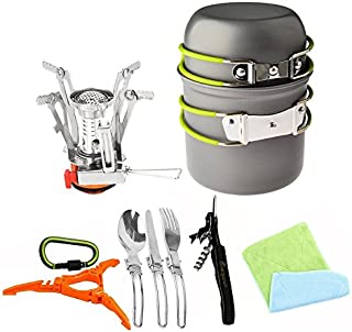 Bisgear 12pcs Camping Cookware Stove Canister Stand Tripod Folding Spork Wine Opener Carabiner Set Outdoor Camping Hiking Backpacking Non-Stick Cooking Non-Stick Picnic Knife Spoon Dishcloth