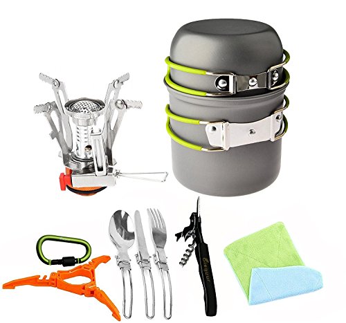 Bisgear 12pcs Camping Cookware Stove Canister Stand Tripod Folding Spork Wine Opener Carabiner Set Outdoor Camping Hiking Backpacking Non-Stick Cooking Non-Stick Picnic Knife Spoon Dishcloth