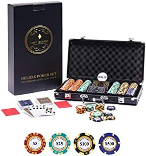 Deluxe Poker Chip Set 300 - Deluxe Poker Set 300 Chips With Monte Carlo Poker Chips (14g Clay Poker Chips With Denominations, Casino Chips), Black Case, 100% Plastic Cards (Gold and Silver), Cut Cards