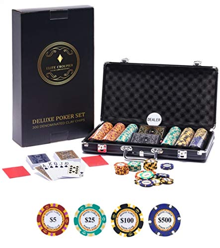 Deluxe Poker Chip Set 300 - Deluxe Poker Set 300 Chips With Monte Carlo Poker Chips (14g Clay Poker Chips With Denominations, Casino Chips), Black Case, 100% Plastic Cards (Gold and Silver), Cut Cards