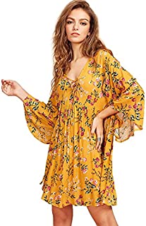 Milumia Women's Floral Print Front Cross Lace Up Deep V-neck Flare Sleeve Loose Short Mini Dress X-Large Yellow-1