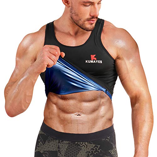 kumayes Sauna Vest for Men Waist Trainer Sauna Suit Sweat Slimming Compression Shirt Workout Body Shaper Tank Top (Blue, Large)