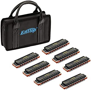 East top 7-Pack 10 Holes 20 Tones 008K Professional Diatonic Blues Harmonicas, 7 Keys Blues Harmonica for Adults with Black Case as Gift (7)