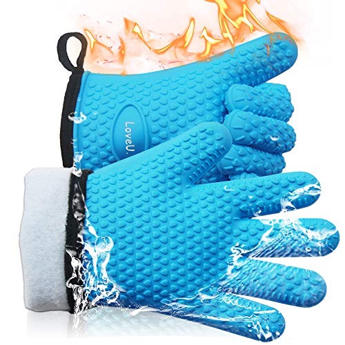 Loveuing Kitchen Oven Gloves - Silicone and Cotton Double-Layer Heat Resistant Oven Mitts/BBQ Gloves/Grill Gloves - Perfect for Baking and Grilling