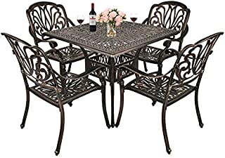 TITIMO 5-Piece Outdoor Furniture Dining Set, All-Weather Cast Aluminum Conversation Set Includes 4 Chairs and 1 Square Table with Umbrella Hole for Patio Garden Deck, Blooming Flower Design