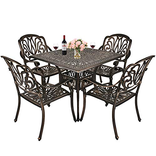 TITIMO 5-Piece Outdoor Furniture Dining Set, All-Weather Cast Aluminum Conversation Set Includes 4 Chairs and 1 Square Table with Umbrella Hole for Patio Garden Deck, Blooming Flower Design