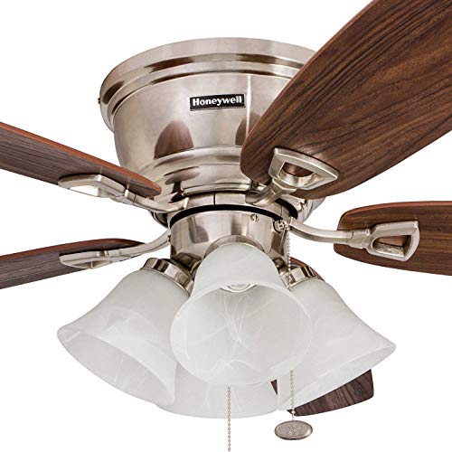 Honeywell 50182 Quick-2-Hang Hugger Ceiling Fan, 52 Dimmable LED White Swirled Marble Fixtures, Easy Installation Cimmeron/Walnut Blades, Brushed Nickel