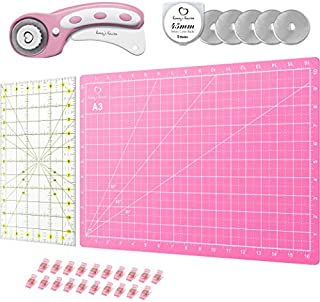 Rotary Cutter Set Pink - Quilting Kit incl. 45mm Fabric Cutter, 5 Replacement Blades, A3 Cutting Mat, Acrylic Ruler and Craft Clips - Ideal for Crafting, Sewing, Patchworking, Crochet & Knitting