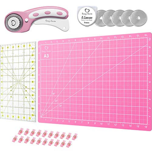 Rotary Cutter Set Pink - Quilting Kit incl. 45mm Fabric Cutter, 5 Replacement Blades, A3 Cutting Mat, Acrylic Ruler and Craft Clips - Ideal for Crafting, Sewing, Patchworking, Crochet & Knitting