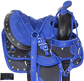 Acerugs 10 12 13 Western Kids Youth Synthetic Horse OR Pony Saddle TACK Bridle REINS Breast Collar PAD Barrel Racing Pleasure Trail Show (Blue Horse, 12