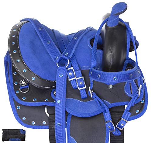 Acerugs 10 12 13 Western Kids Youth Synthetic Horse OR Pony Saddle TACK Bridle REINS Breast Collar PAD Barrel Racing Pleasure Trail Show (Blue Horse, 12