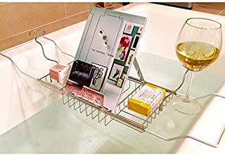 MyGift European Style Metal Chrome Extendable Bathtub Caddy w/ 2 Wineglass Holders, Book Stand & Candleholder